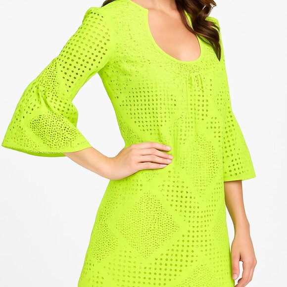 TRINA TURK Bonita Eyelet Bell Sleeve Dress in Pastiche Green SZ 8 - Picture 2 of 3